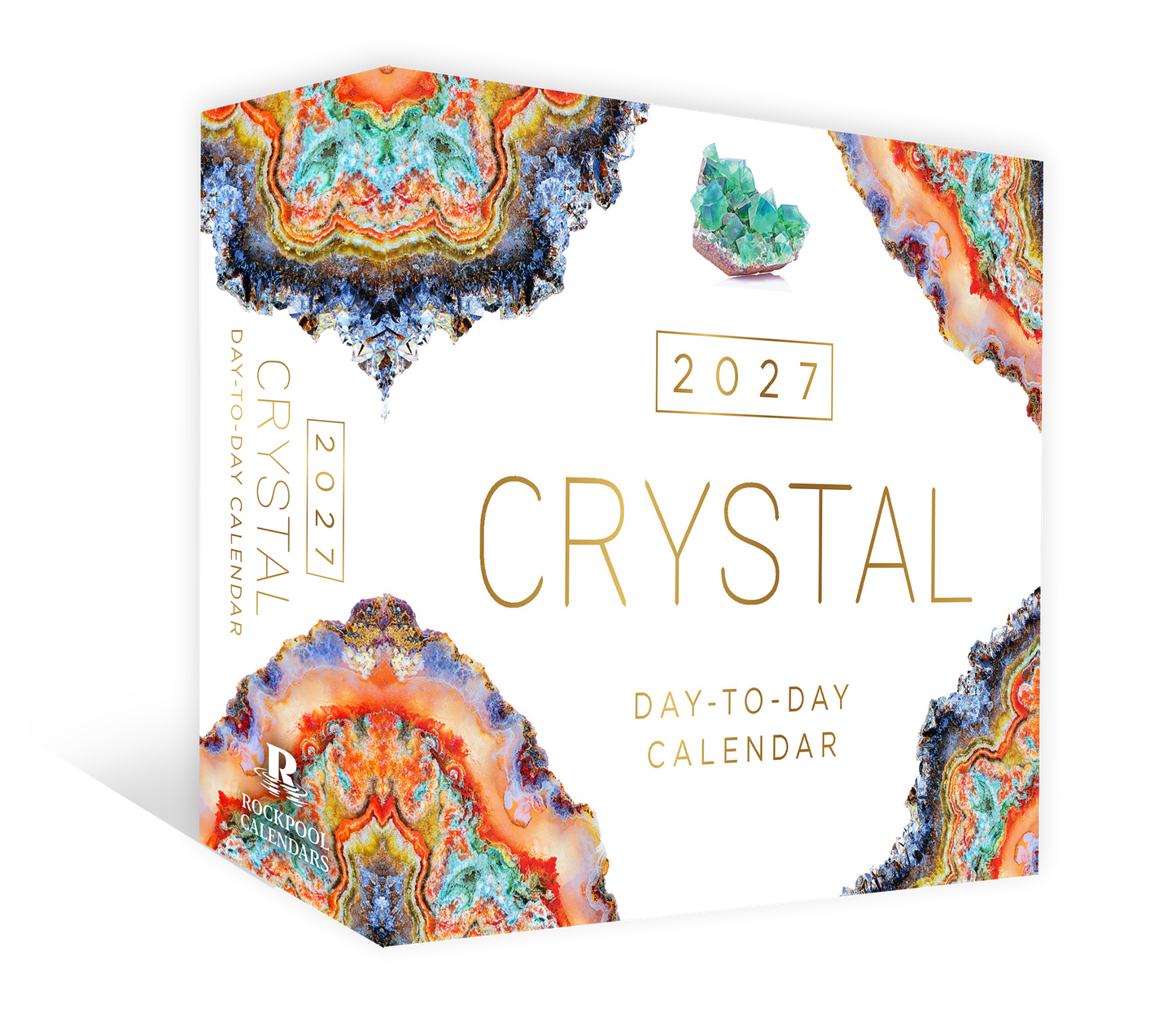 2027 Crystal Day-to-Day Calendar with colorful crystal designs on a white background