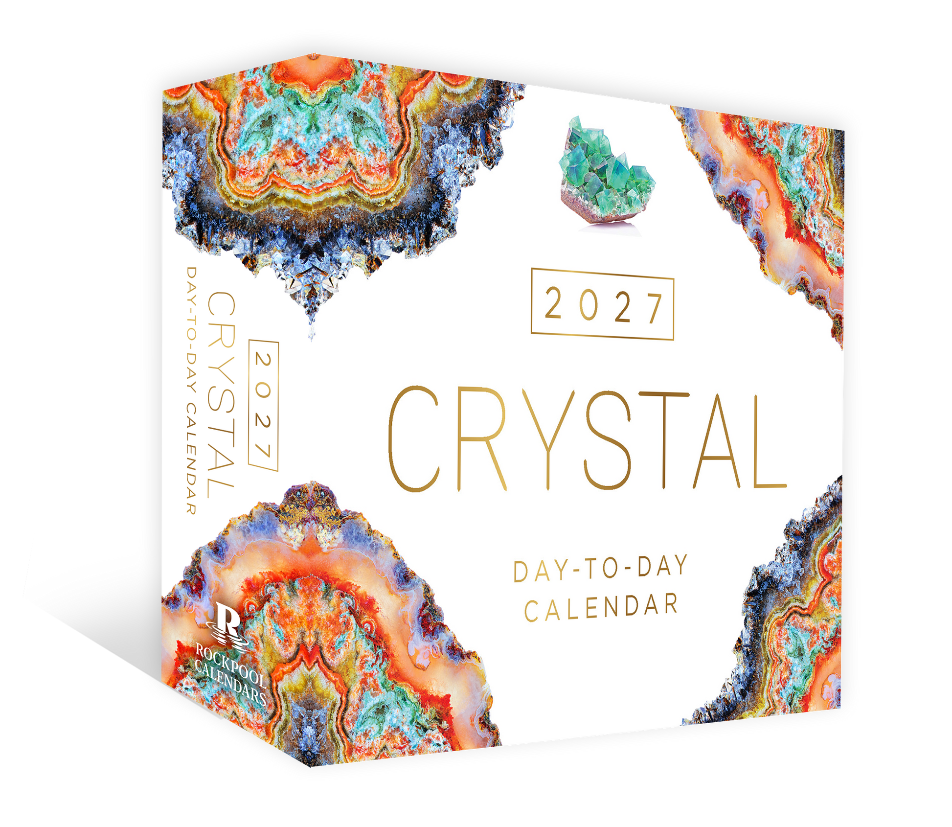 2027 Crystal Day-to-Day Calendar with colorful crystal designs on a white background
