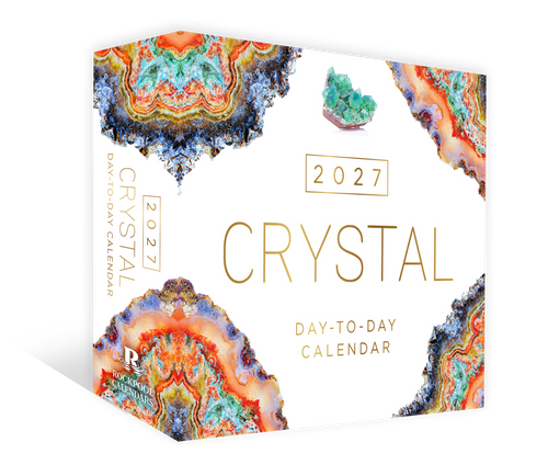 2027 Crystal Day-to-Day Calendar with colorful crystal designs on a white background