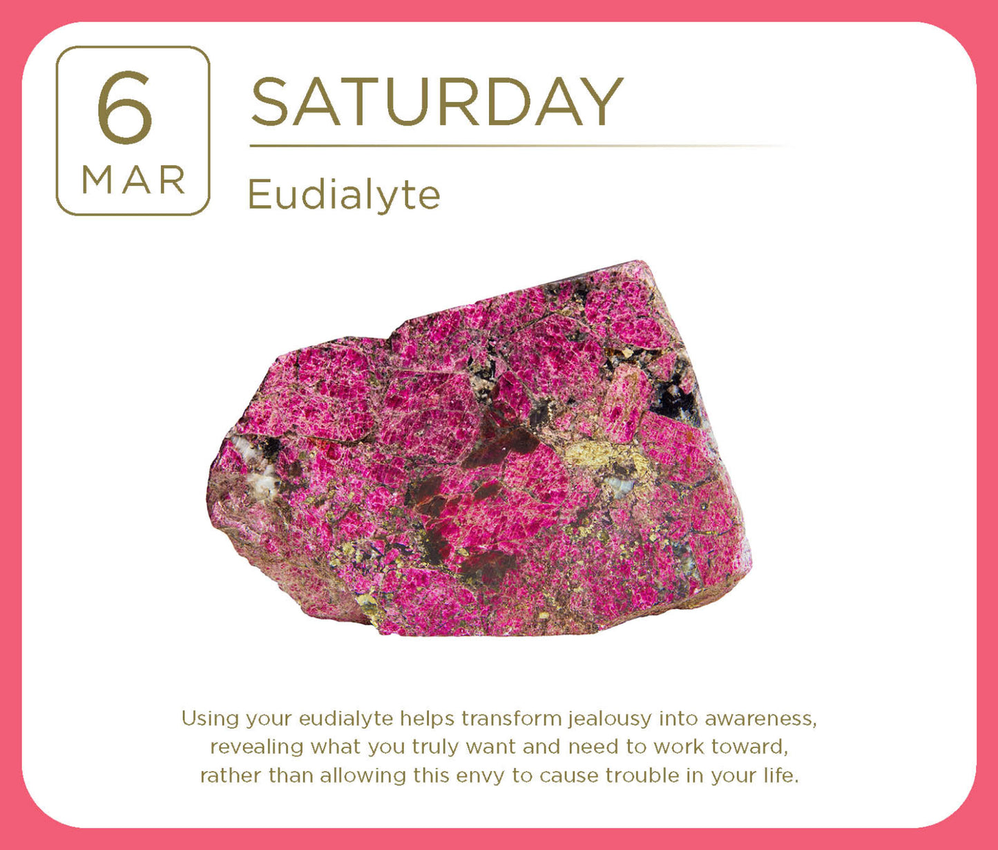 Eudialyte crystal with a pink border and text about its properties on a white background.