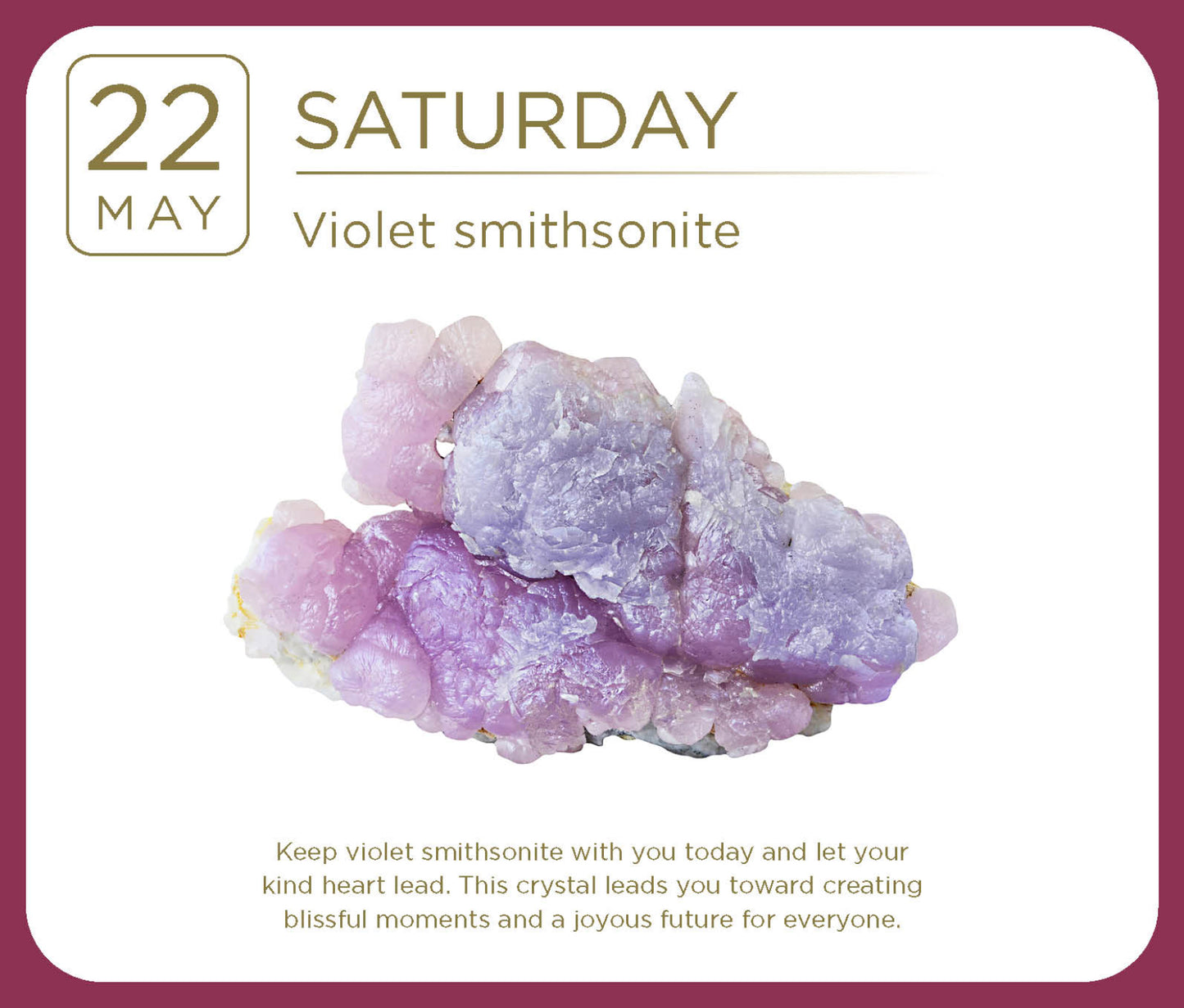 Violet smithsonite crystal with text about its properties on a white background