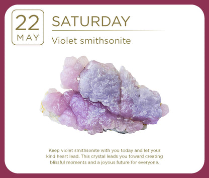 Violet smithsonite crystal with text about its properties on a white background