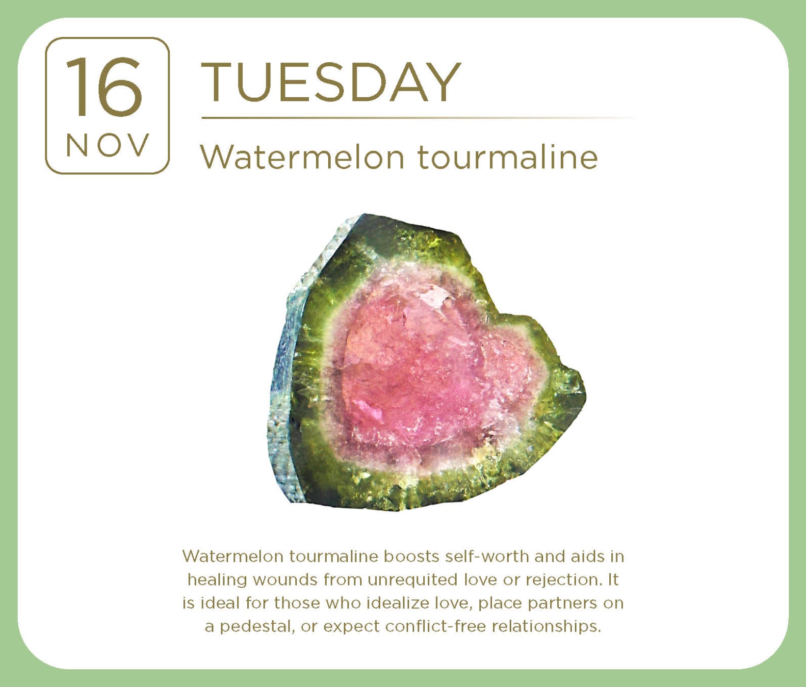 Watermelon tourmaline crystal with descriptive text on a light green background