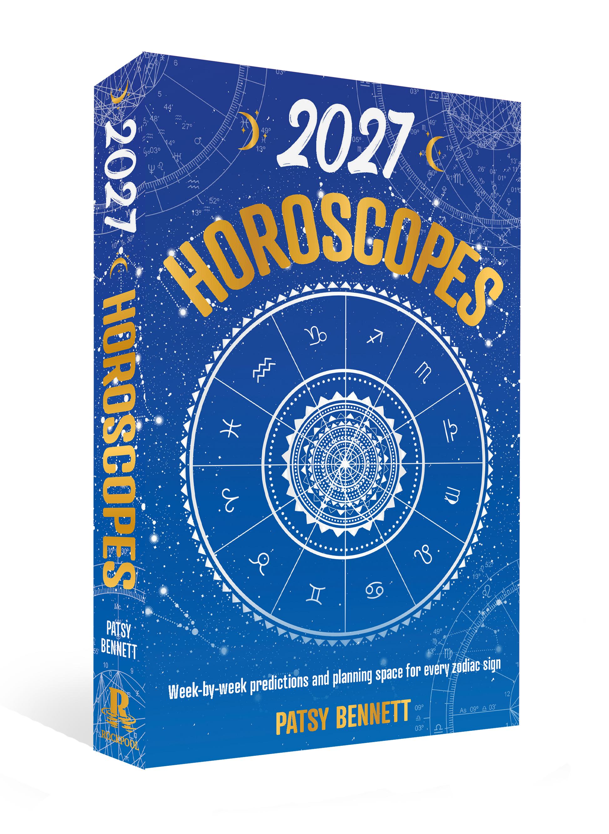 Horoscopes book for 2027 with astrological design on a blue background
