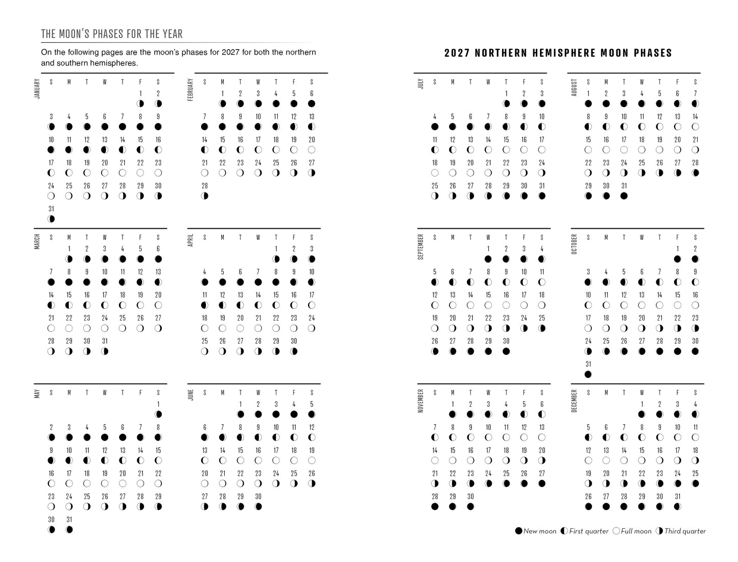 Moon phases for 2027 in the northern hemisphere on a white background