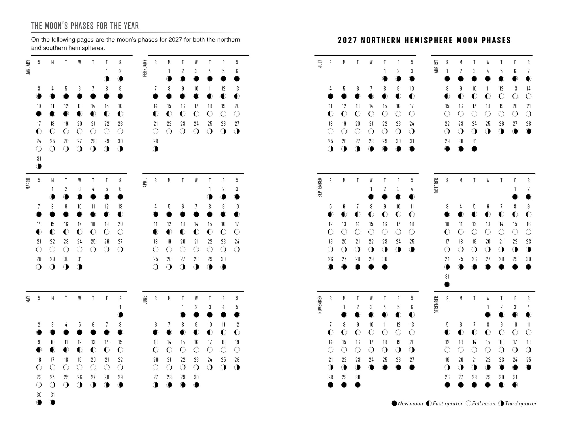 Moon phases for 2027 in the northern hemisphere on a white background