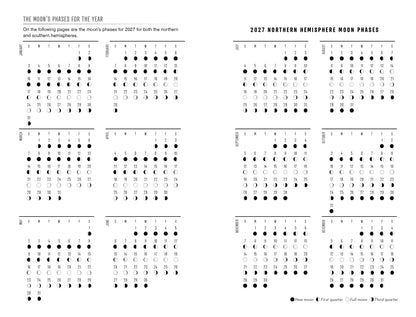 Moon phases for 2027 in the northern hemisphere on a white background