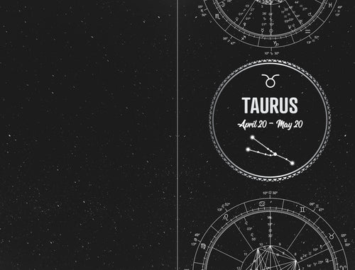 Zodiac sign of Taurus with constellation and date range on a starry night sky background.
