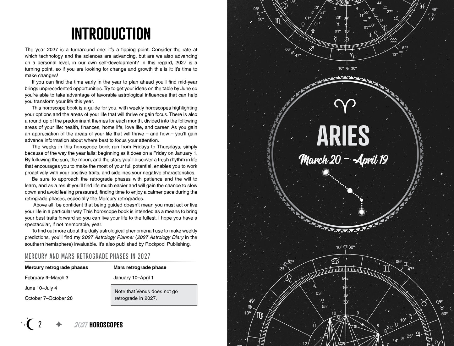 Aries horoscope page with zodiac symbol and text on a dark background