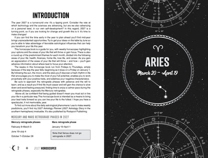 Aries horoscope page with zodiac symbol and text on a dark background