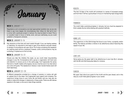 Page from a book with horoscope predictions for January, divided into sections like Health, Finances, Home Life, Love Life, and Career.