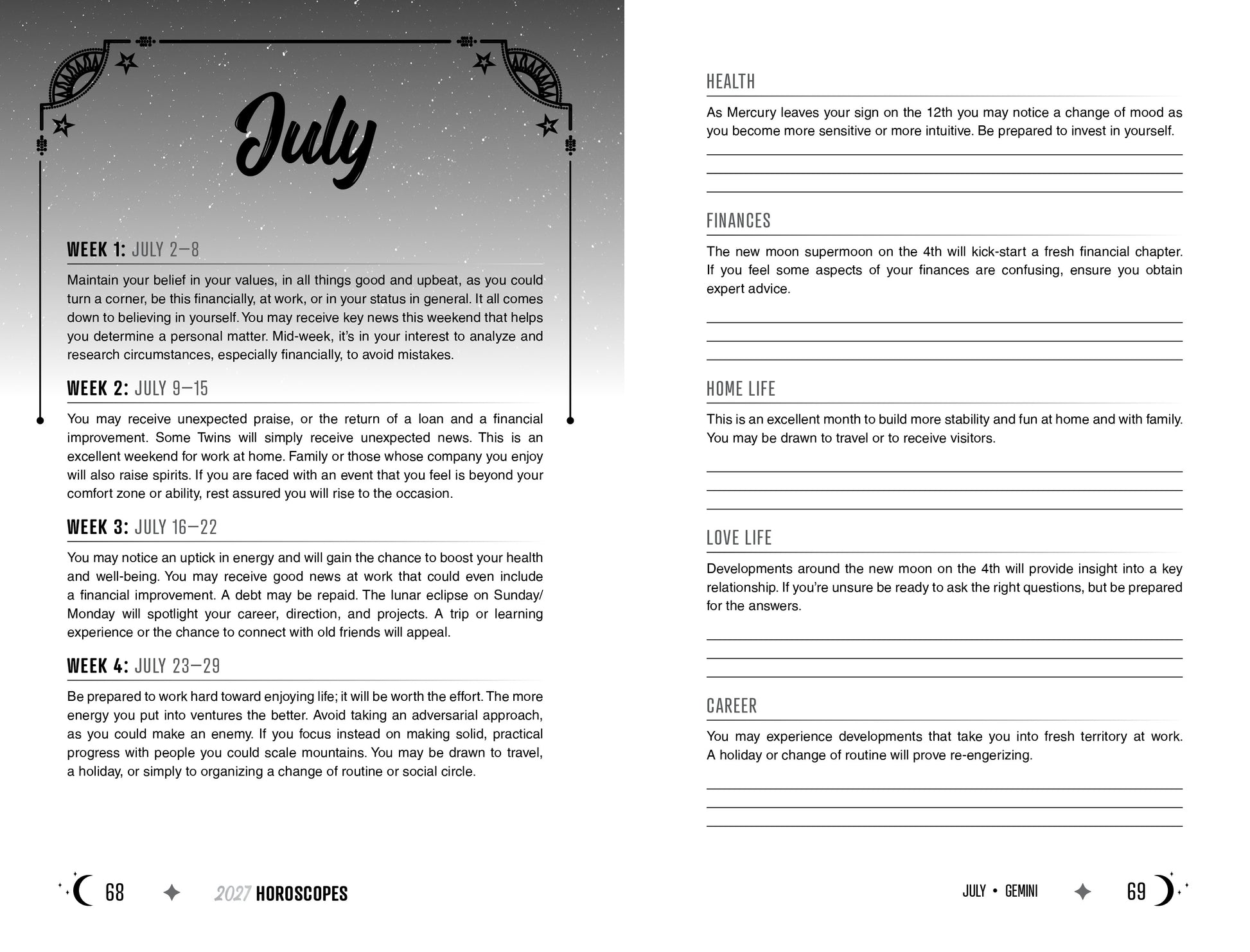 Horoscope page for July with text and decorative elements on a white background