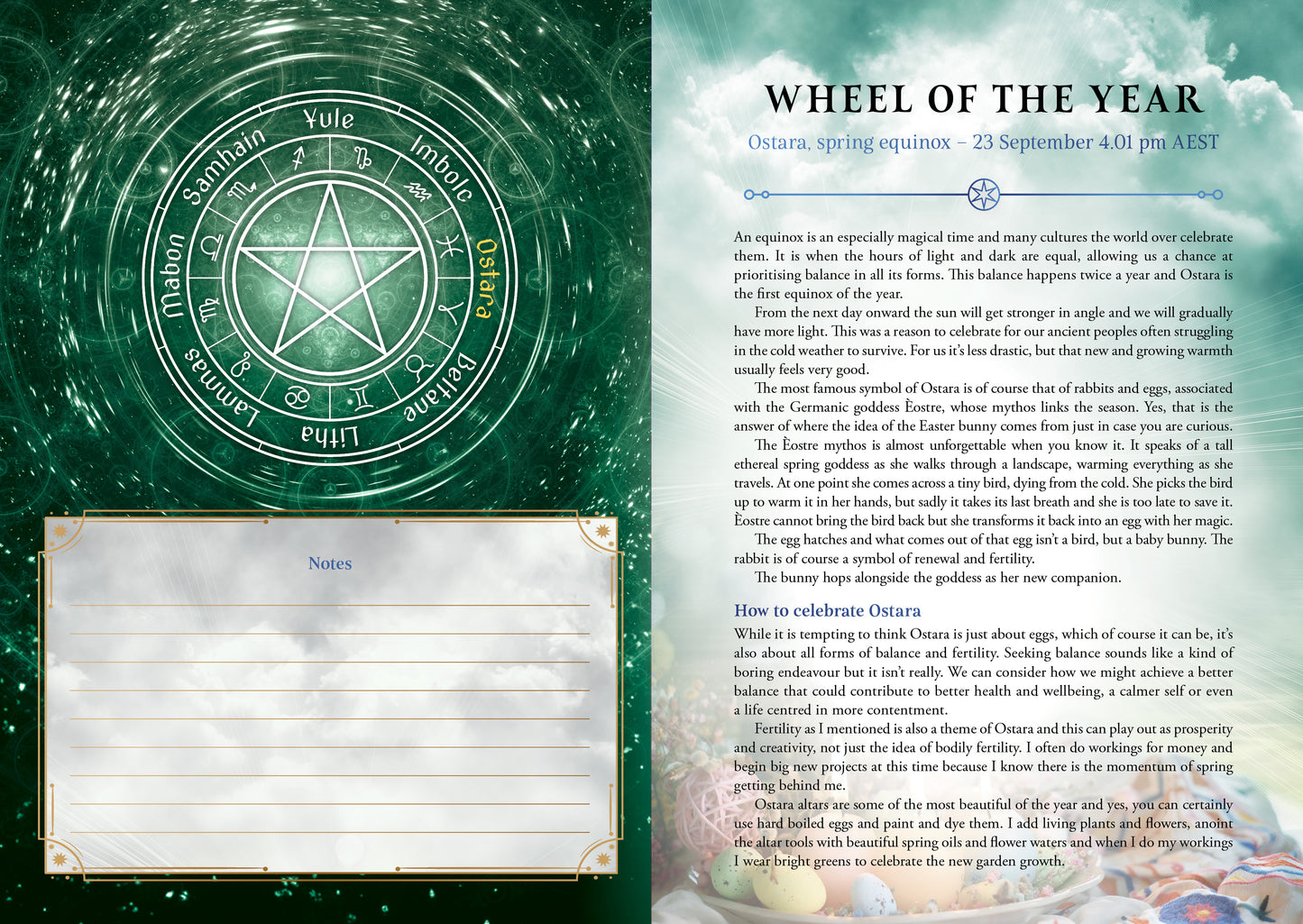 Witchcraft-themed book page with Wheel of the Year illustration and text.