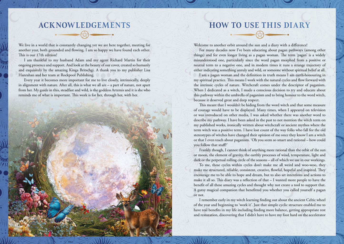 Instructions for using diary with a decorative cover featuring a moon and nature elements.
