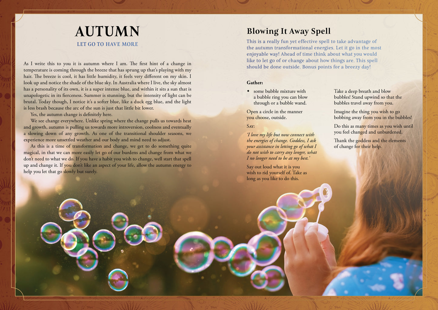 page with autumn-themed text and a person blowing bubbles.