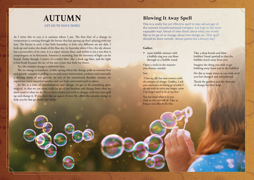 page with autumn-themed text and a person blowing bubbles.