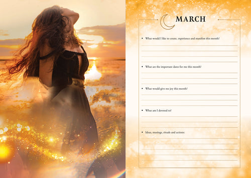 Woman in a black dress with flowing hair against a sunset, next to a March-themed planner page.