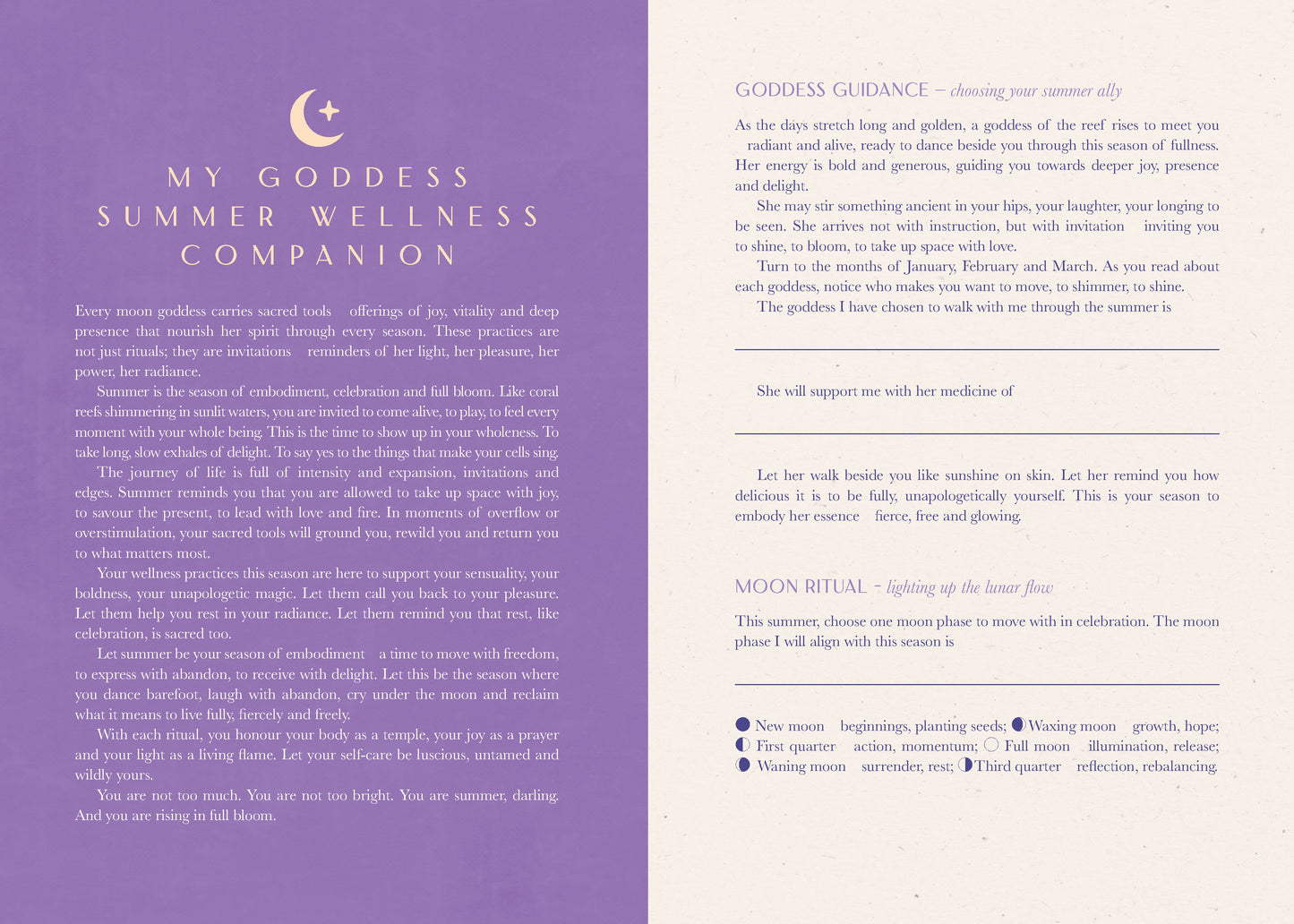 Goddess Guidance document with purple and white pages on a white background
