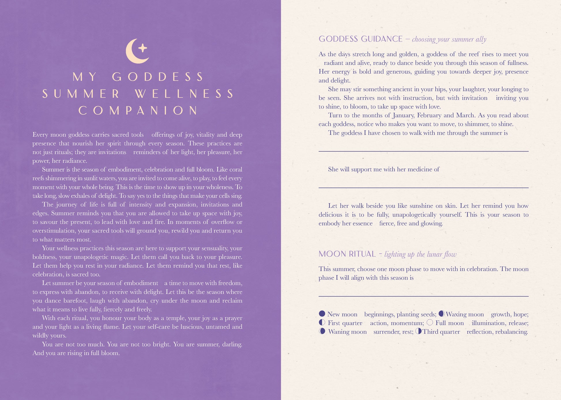 Goddess Guidance document with purple and white pages on a white background