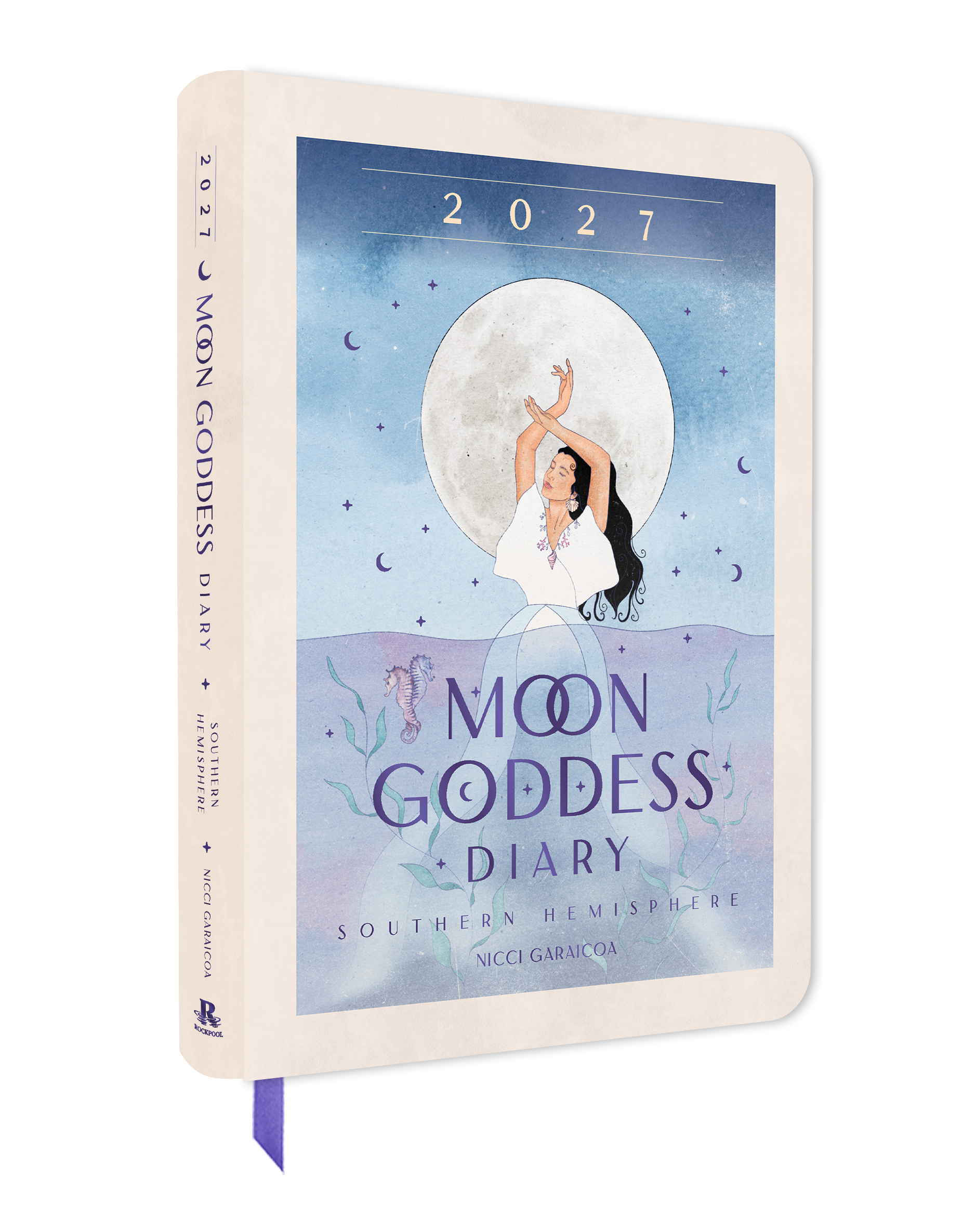 Moon Goddess Diary 2027 with a woman in a white dress and black hair holding a staff against a blue sky with moon and stars.