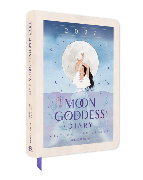 Moon Goddess Diary 2027 with a woman in a white dress and black hair holding a staff against a blue sky with moon and stars.