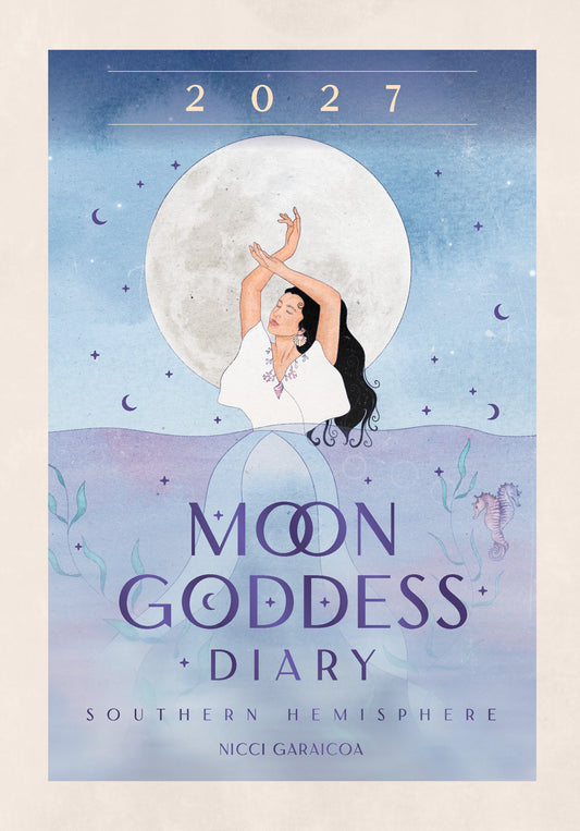 2027 Moon Goddess Diary cover Southern Hemisphere by Nicci Garaicoa with a woman and moon illustration on a blue background