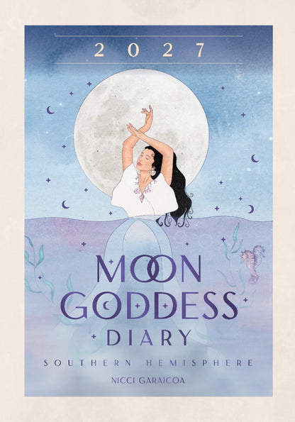2027 Moon Goddess Diary cover with a woman and moon illustration on a blue background