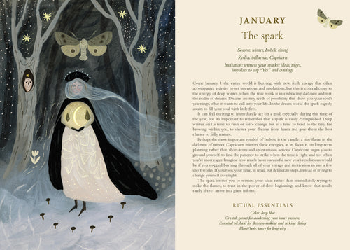 Illustration of a penguin in a forest with text on January rituals.