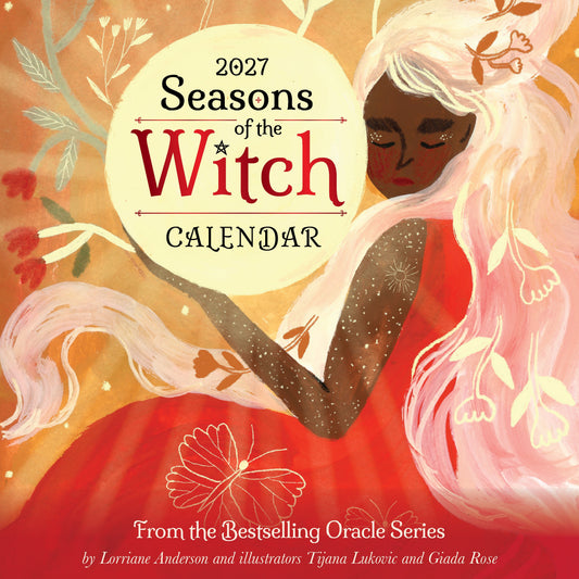 2027 Seasons of the Witch calendar cover with a woman in a red dress and white veil.
