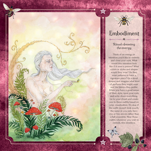 Illustration of a person surrounded by nature elements with text on a pink background