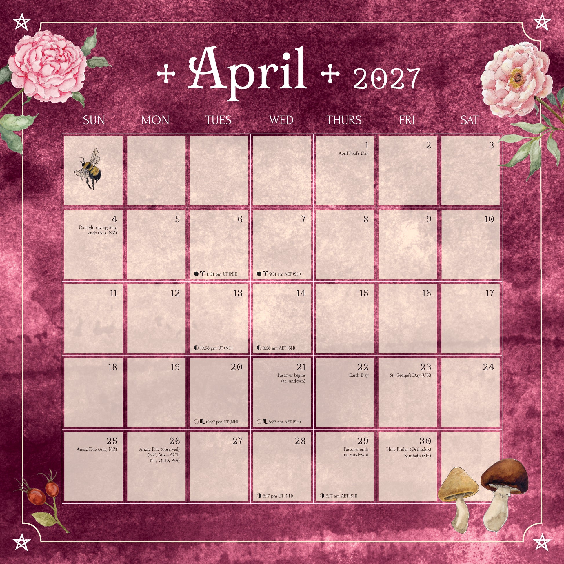 April 2027 calendar with floral and mushroom designs on a pink background