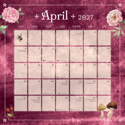 April 2027 calendar with floral and mushroom designs on a pink background