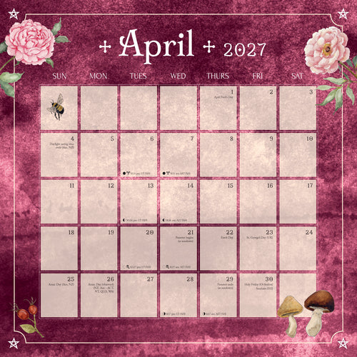 April 2027 calendar with floral and mushroom designs on a pink background