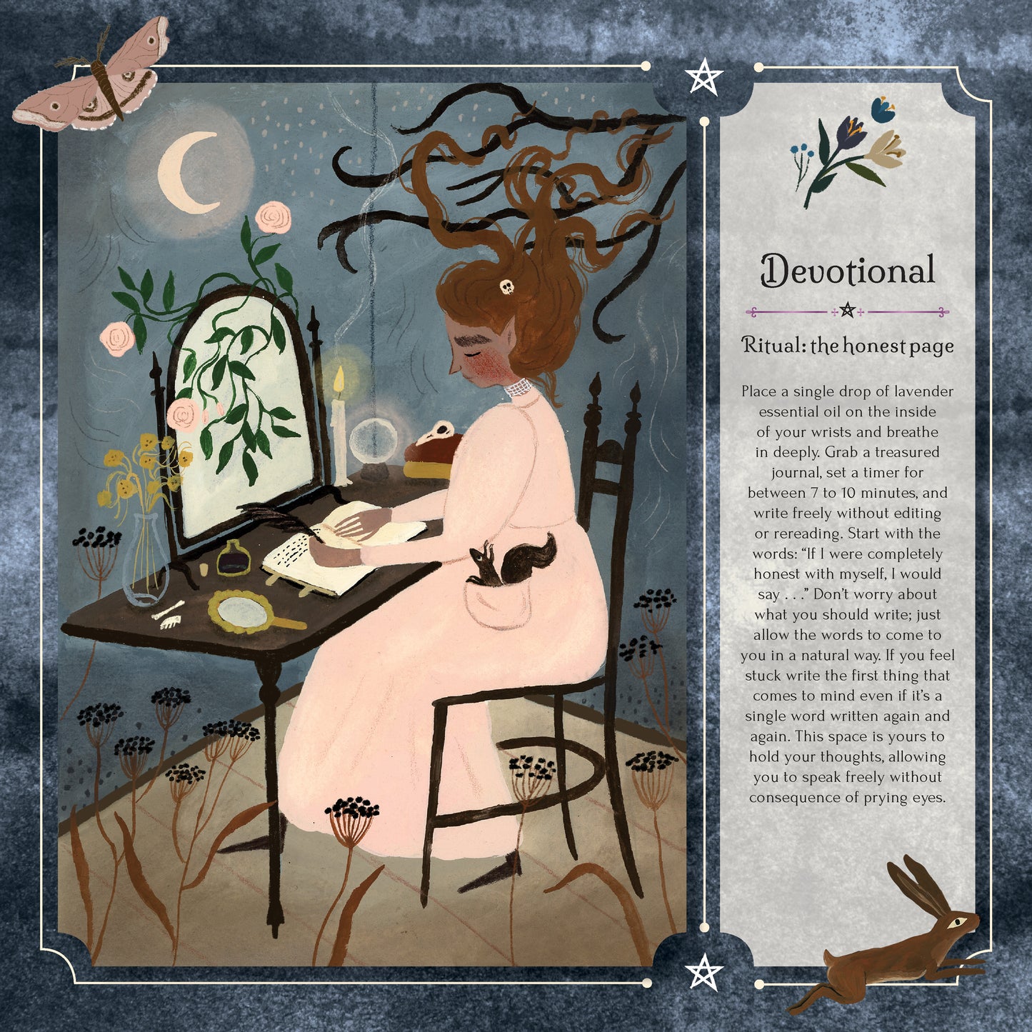 Illustration of a woman writing at a desk with decorative elements and text on a dark blue background.