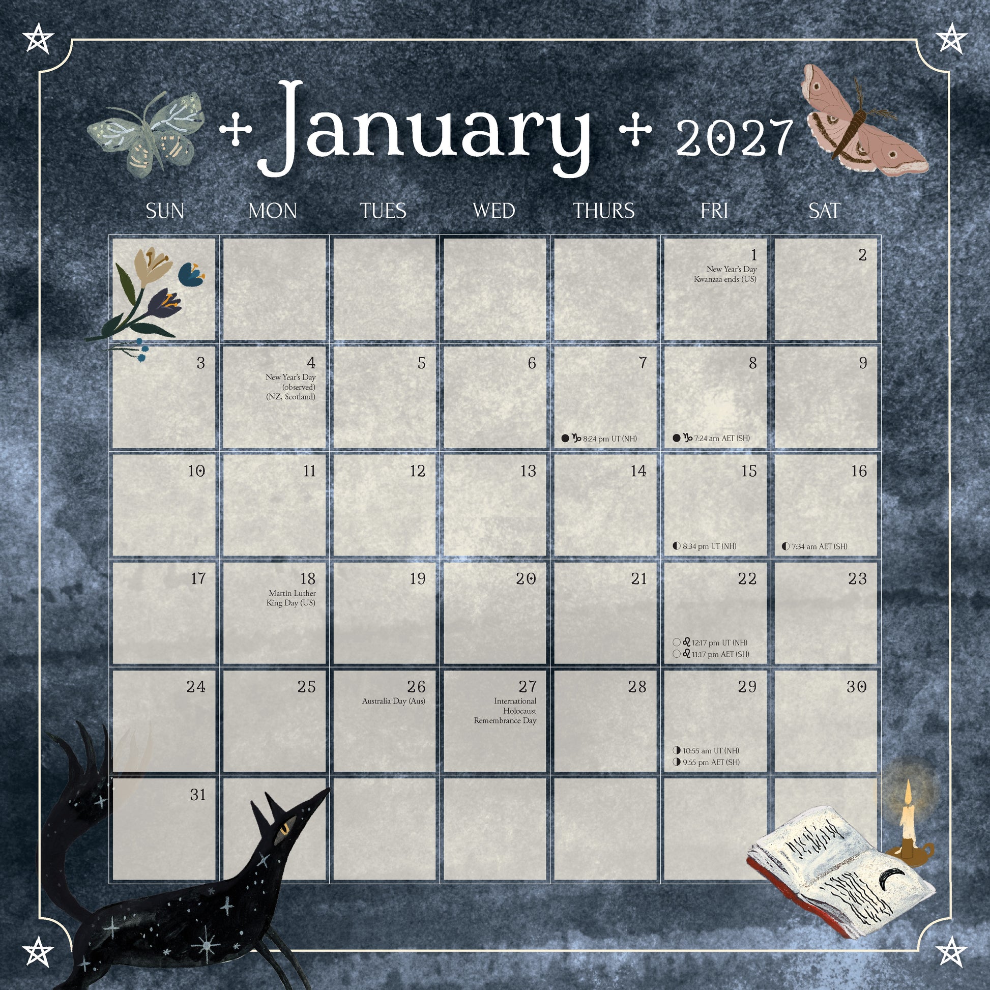 Calendar for January 2027 with decorative elements on a dark blue background