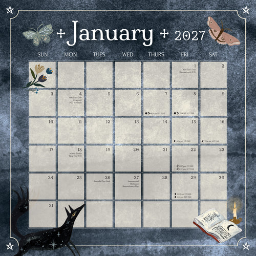Calendar for January 2027 with decorative elements on a dark blue background