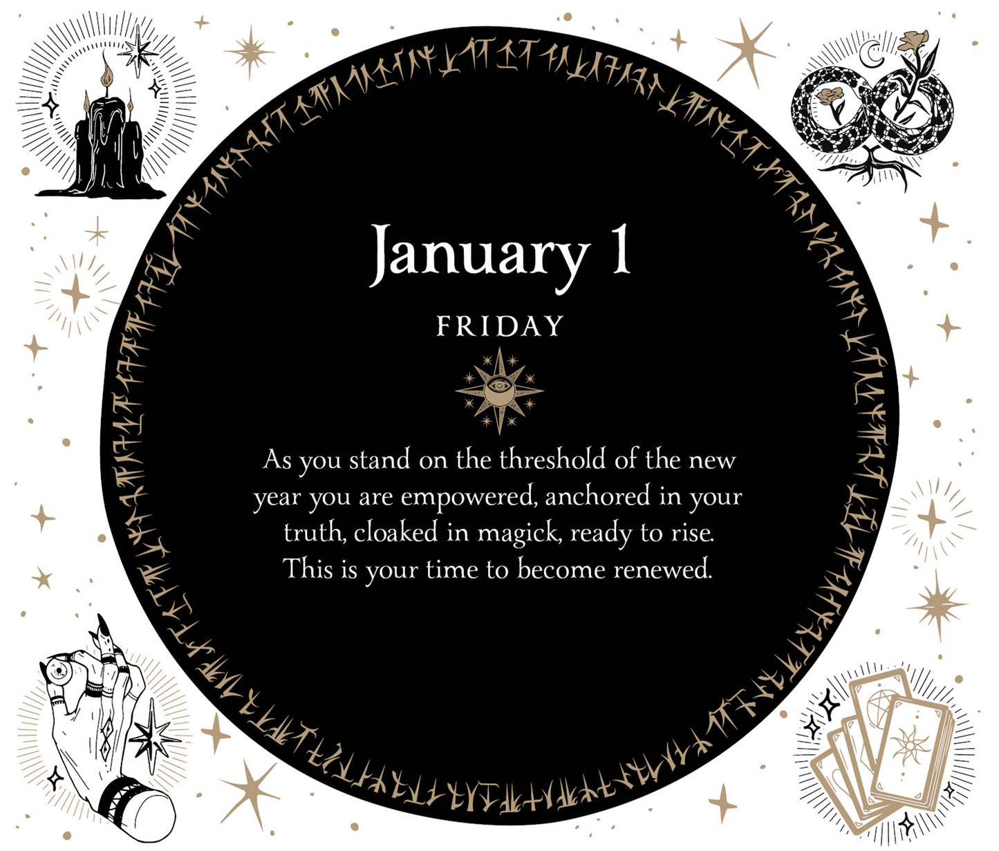 Circular design with astrological symbols and text on a black background