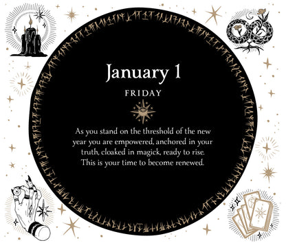 Circular design with astrological symbols and text on a black background