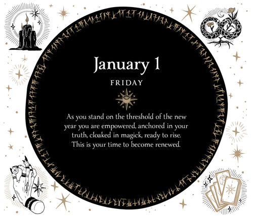 Circular design with astrological symbols and text on a black background