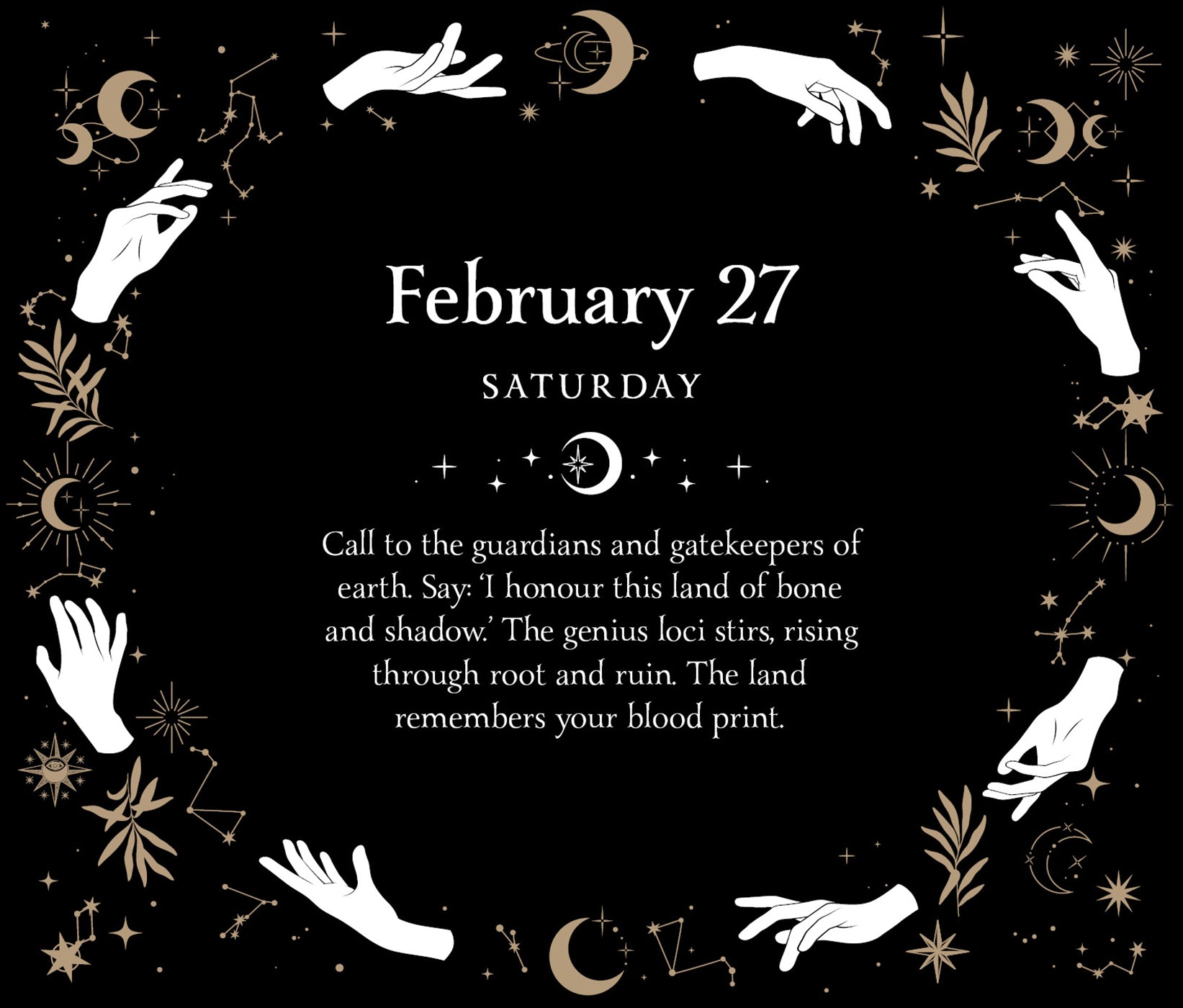 Decorative calendar page for February 27 with hands, moon phases, and text on a black background.