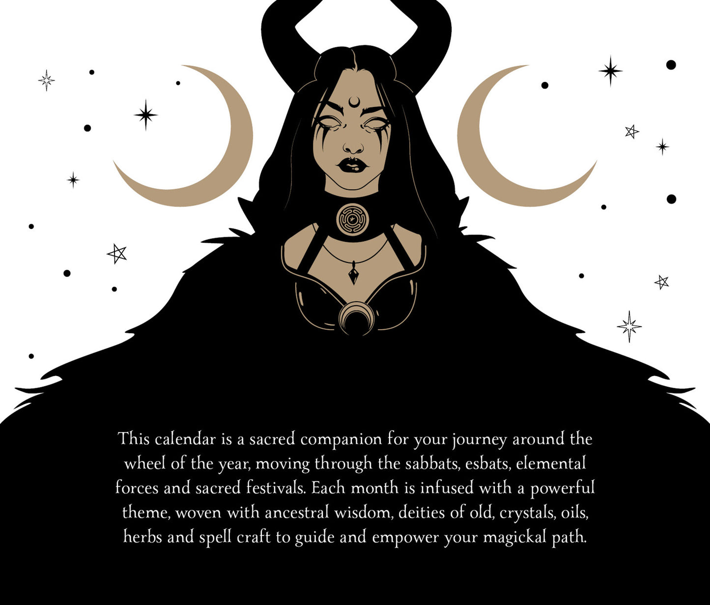 Illustration of a figure with horns and dark fur, surrounded by celestial symbols, with text about a calendar for a magical journey.