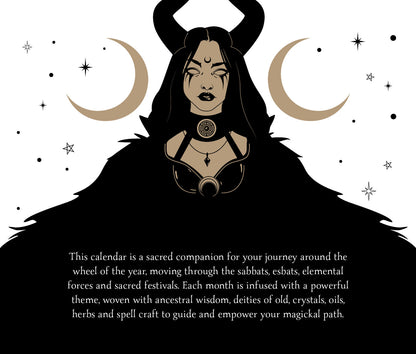Illustration of a figure with horns and dark fur, surrounded by celestial symbols, with text about a calendar for a magical journey.