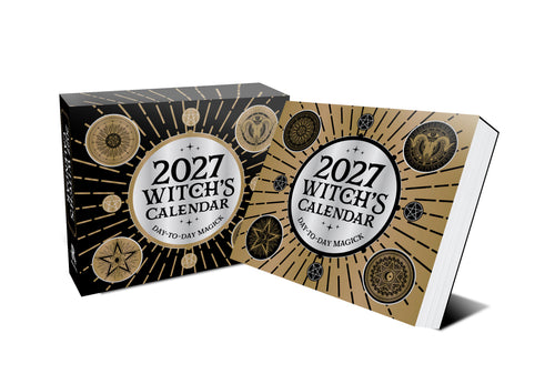 2027 Witch's Calendar packaging with black and gold design on a white background