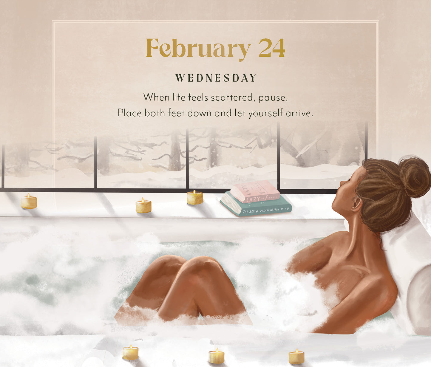 Woman relaxing in a bubble bath with candles and a book, with text overlay on a beige background.