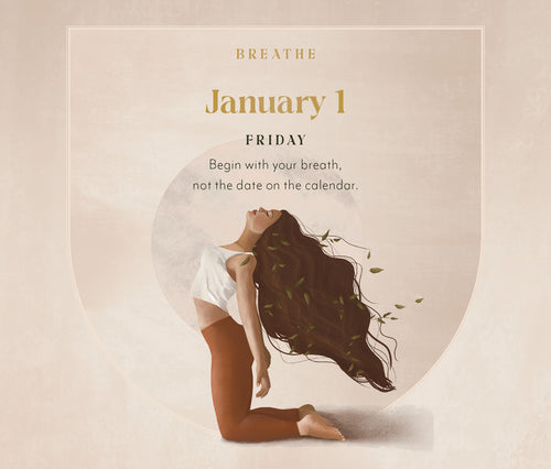 Woman in a yoga pose with text about breathing on a beige background