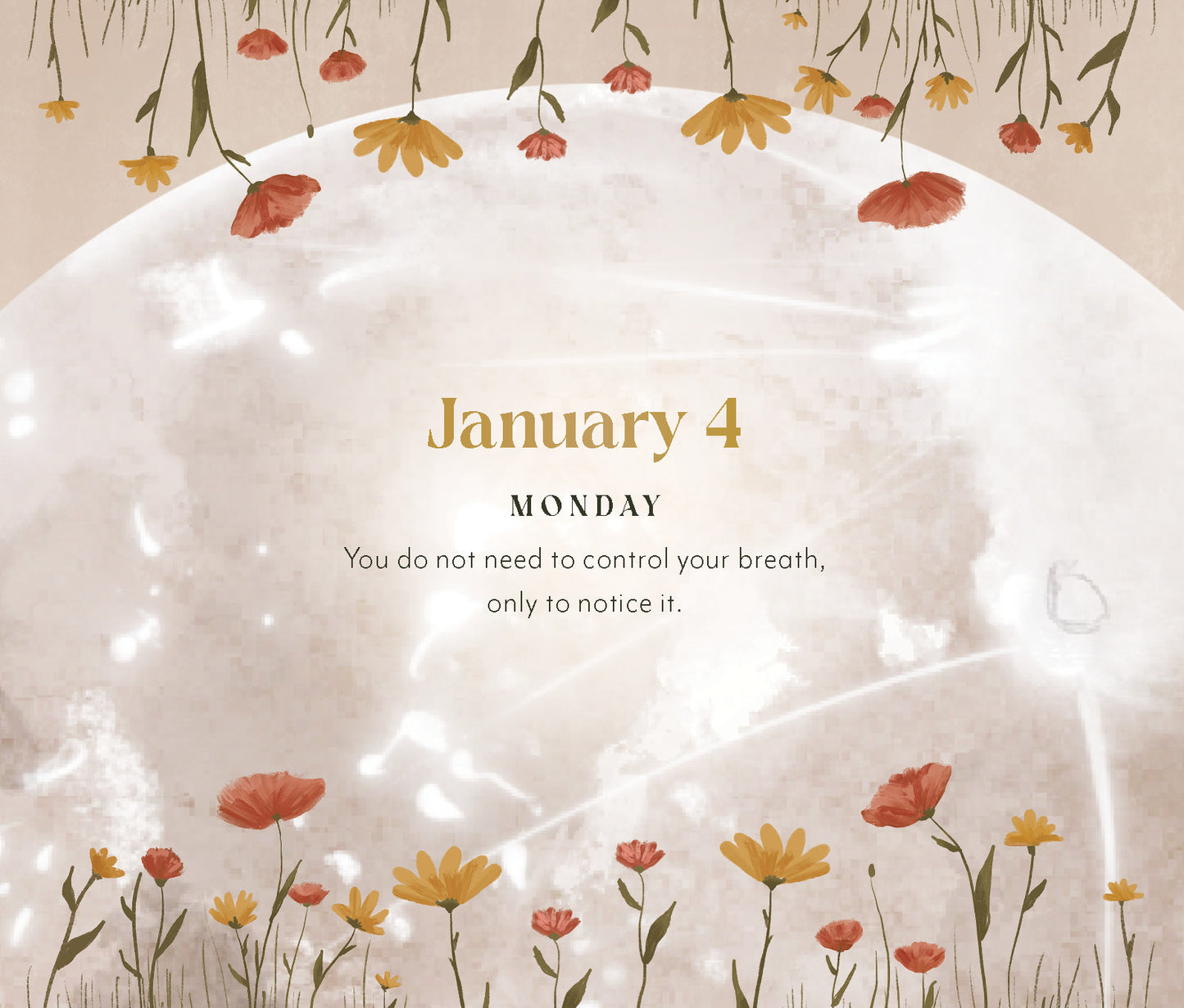 Calendar page with flowers and text on a beige background