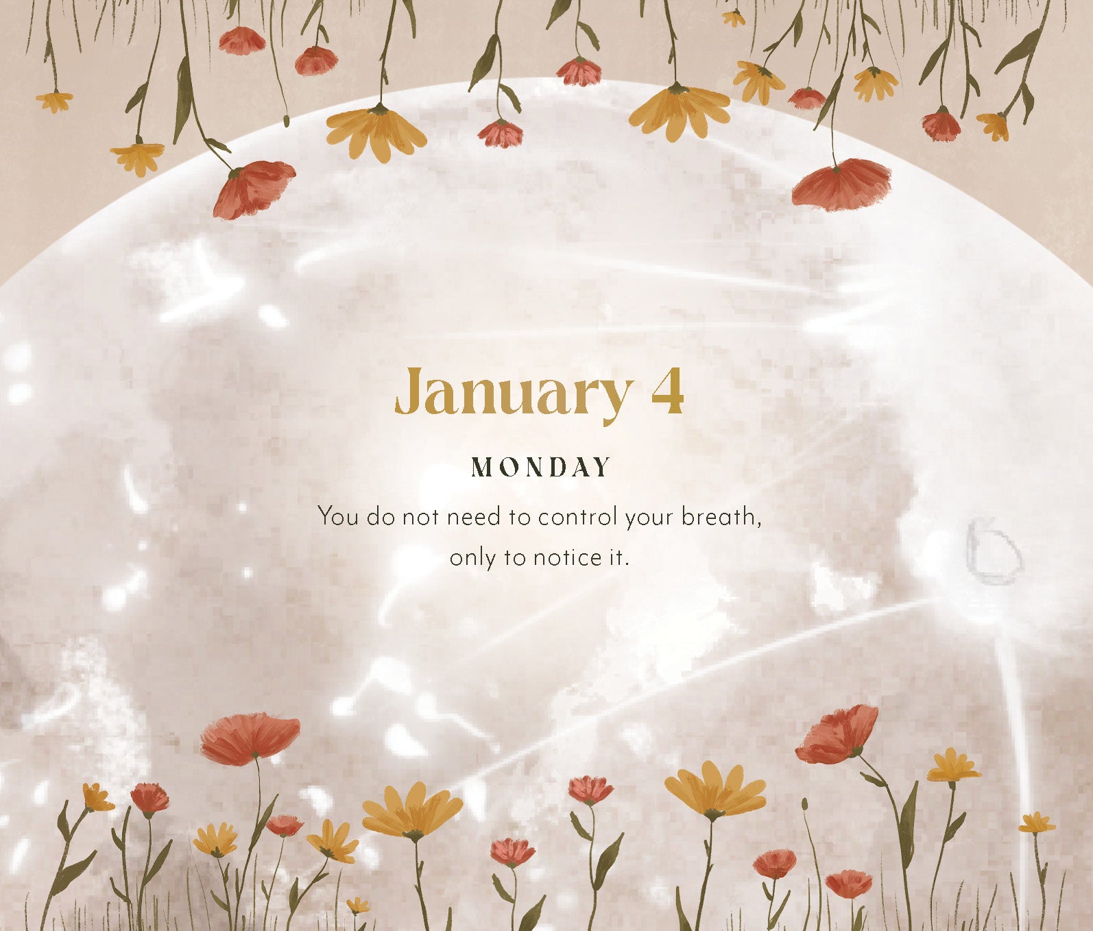Calendar page with flowers and text on a beige background