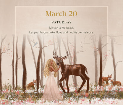Illustration of a woman and deer in a forest with text on March 20th.