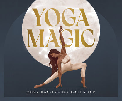 Yoga Magic 2027 day-to-day calendar cover with a woman in a yoga pose against a moon-like background.