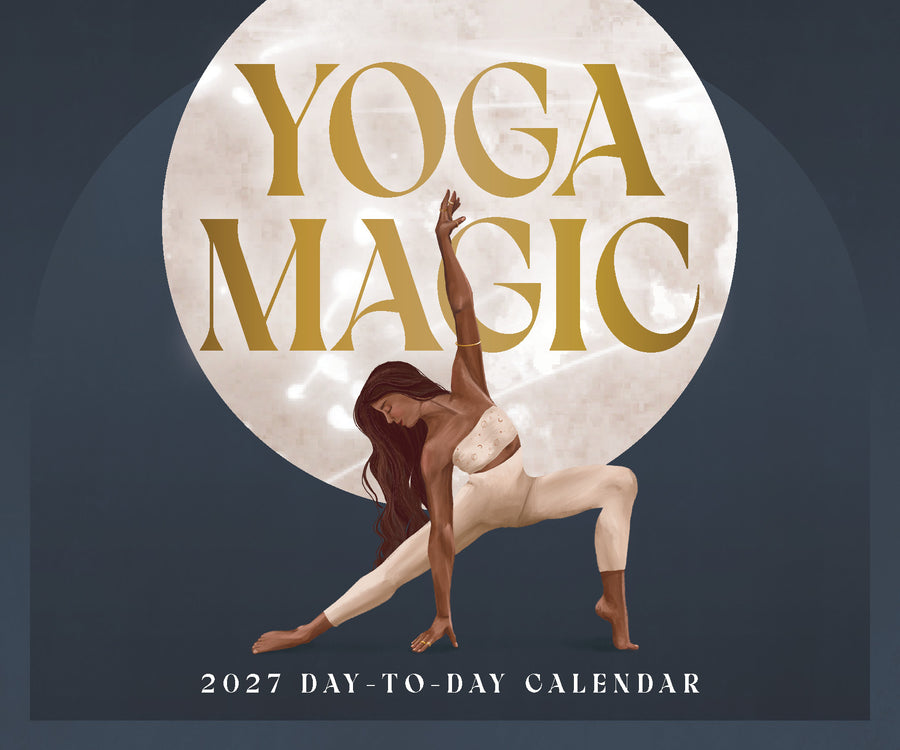 Yoga Magic 2027 day-to-day calendar cover with a woman in a yoga pose against a moon-like background.